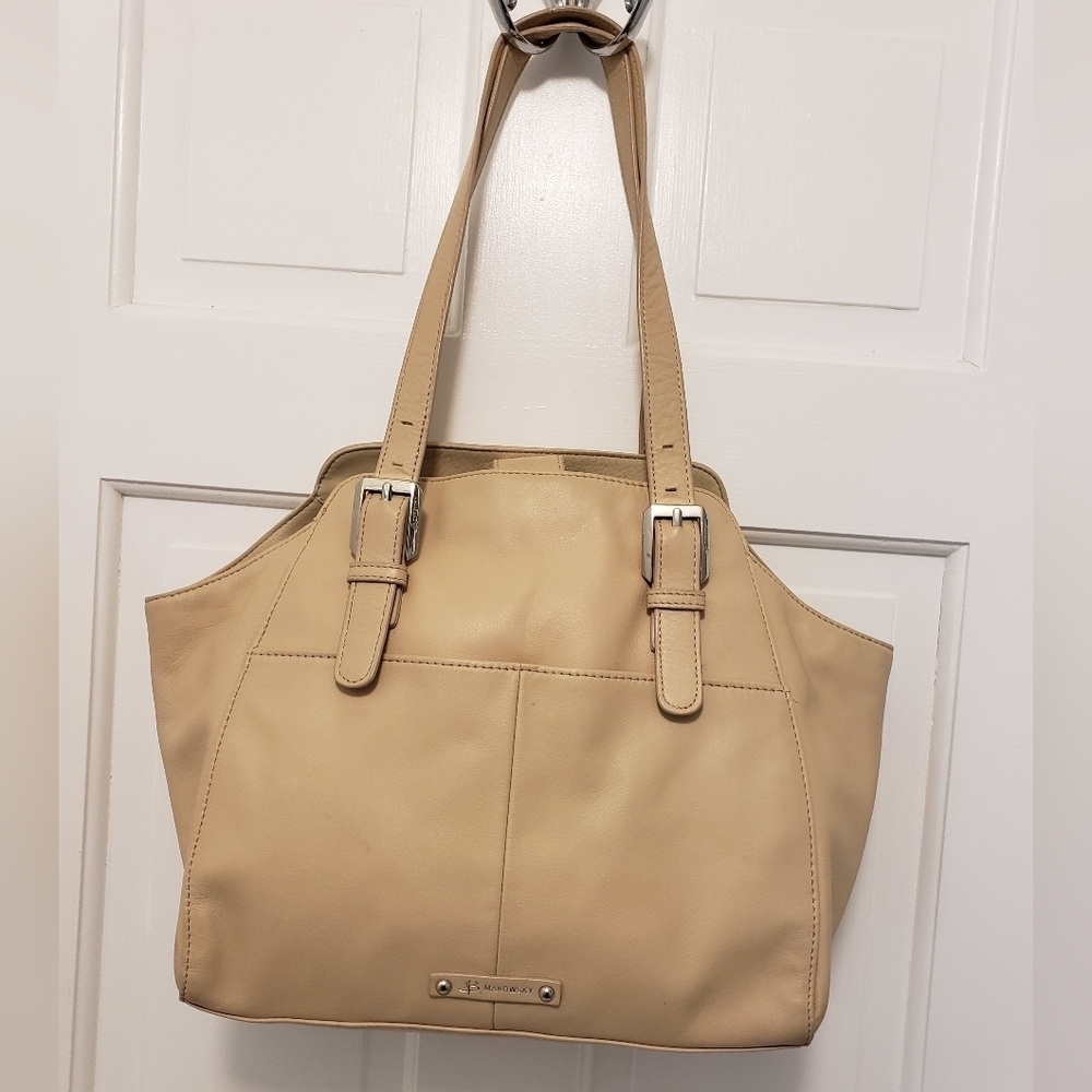 B. Makowsky Light Beige Leather Shoulder Bag, Classic Business Casual
